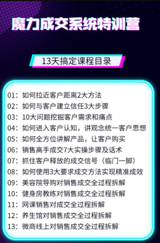 13天魔力成交系统特训营：从0-1掌握1对1私信成交，让微信成为你的提款机