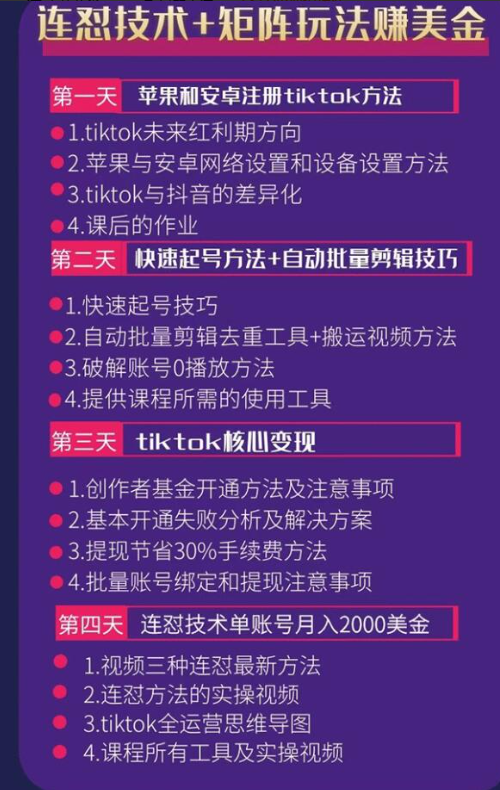 tiktok变现四天实战班连怼技术+矩阵玩法赚,单账号月入2000美金(实操视频)