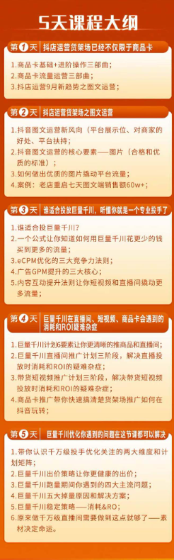 巨量千川投放5天课程：抖音商品卡+爆款图文+千川投流线上课